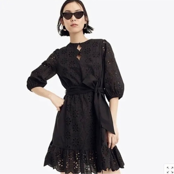 J. Crew Dresses & Skirts - Size Small JCrew Black Eyelet Belted Scalloped Dress women’s flaw*missing button